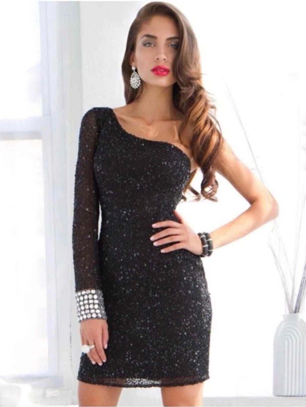 Shail K. One-Shoulder Black Sequin Cocktail Dress